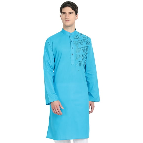 SKAVIJ Hommes Coton Indien Kurta Casual Longue Chemise Robe de Soirée Moyen Turquoise