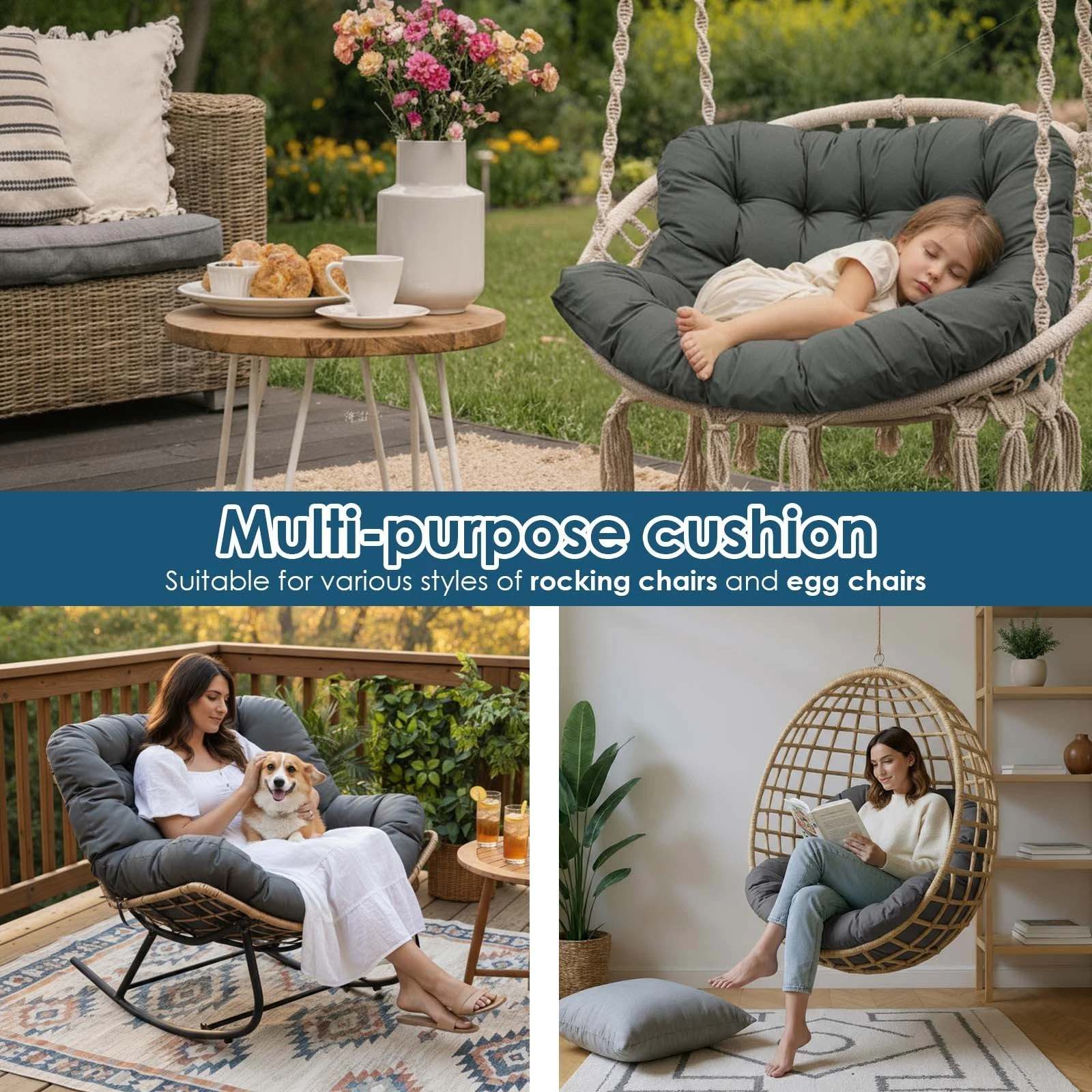 TOPCHANCES Egg Chair Cushion Only, Water-Resistant Outdoor Rocking Chair Cushion, Thick Papasan Seat Cushion with Ties for Patio, Porch, Balcony, Garden (Gray)
