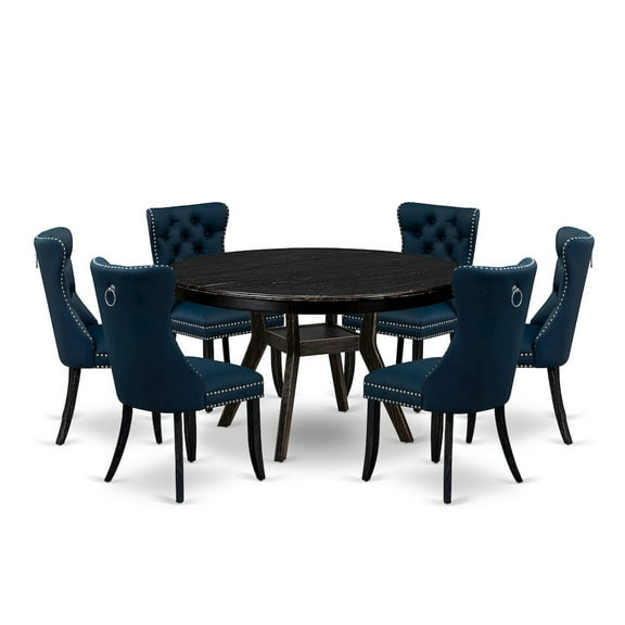 Luxe by East West Furniture 7 Piece Dining Table Set Contains 54" Round Table In Navy Blue Color