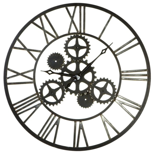 37" Black Open Dial Metal Gear Round Wall Clock with Roman Numerals
