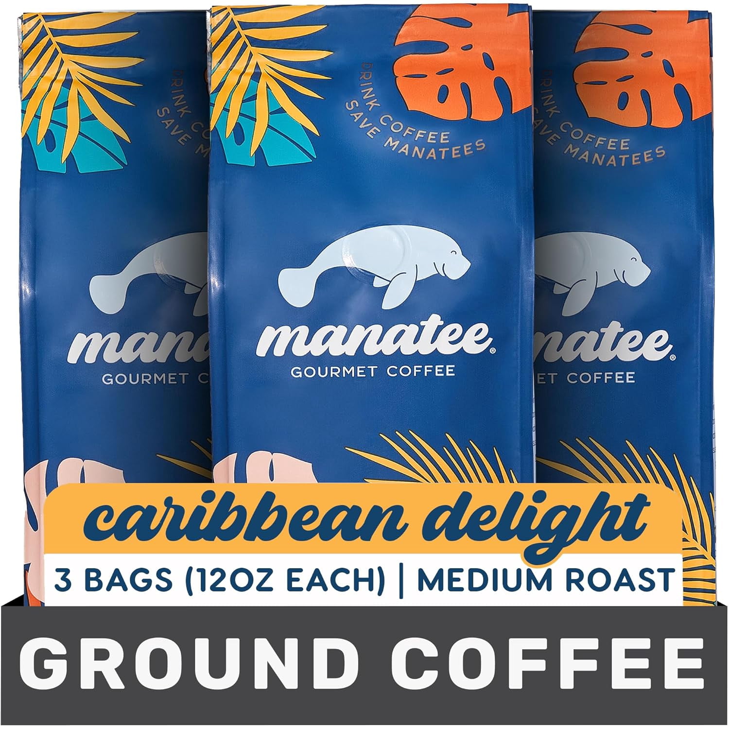 Manatee Gourmet Coffee, Ground, Medium Roast, Caribbean Delight, (3 - 12 oz Bags) 36 oz