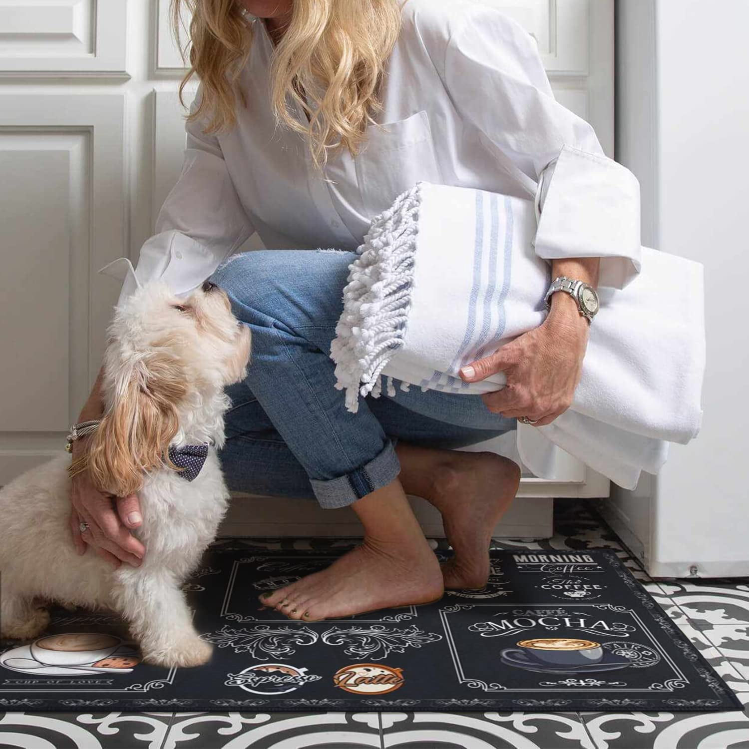 Black Coffee Theme Kitchen Rugs Set of 2,Cafe Kitchen Rugs and Mats Non Skid Washable,Black Kitchen Runner Rugs with Rubber Backing (Classical-Tea 17"x48"+17"x30")
