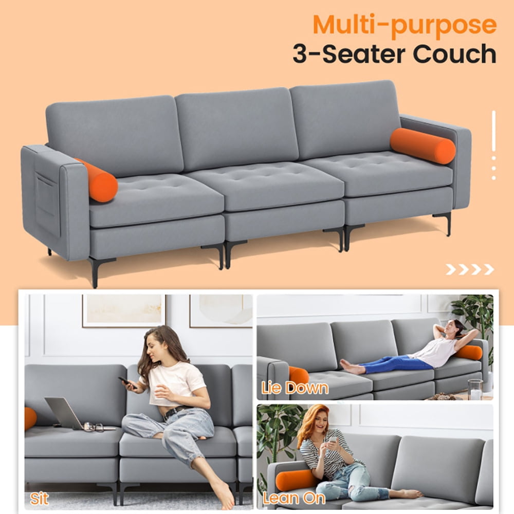 Finihen 3-Seat Sofa Couch, Modular 3-Seat Sofa Couch with Socket USB Ports and Side Storage Pocket, for Living Room, Bedroom, Gray Finihen 3-Seat Sofa Couch, Modular 3-Seat Sofa Couch with Socket USB Ports and Side Storage Pocket, for Living Room, Bedroom, Gray