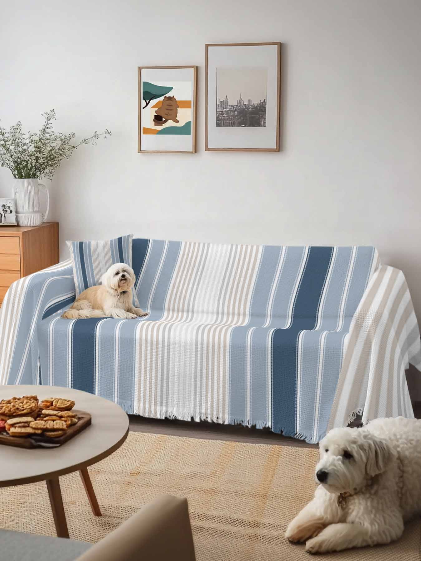 Grey Blue Vertical Stripes Couch Cover, Modern Minimalist Abstract Oversized Sofa Cover Blanket for 3 Cushion Couch,Sectional Sofa Slipcover Furniture Protector for Living Room Bedroom 71''x150''