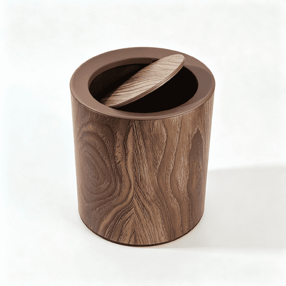 Wood Grain Round Swing Lid Trash Can, Detachable Inner Bucket, Home Bedroom Study Office Bathroom Lidded Waste Bin