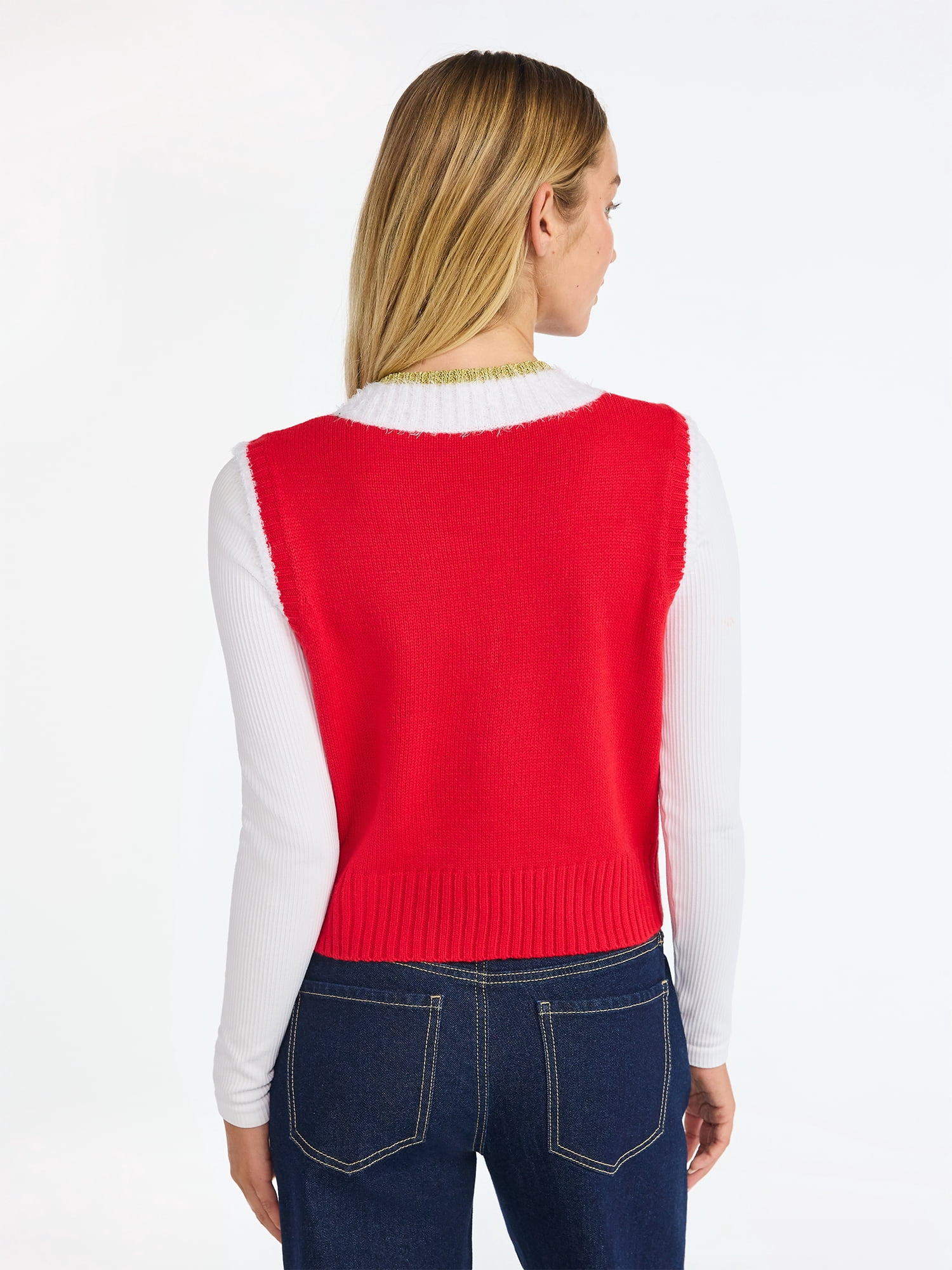 No Boundaries V-Neck Button Front Christmas Vest, Women’s