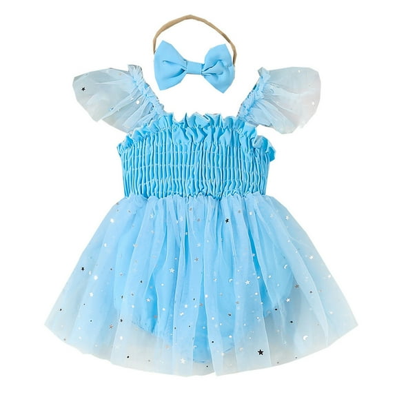 Girls' Blue Star Patterned Romper with Mesh Skirt and Elastic Headband for Festive Events