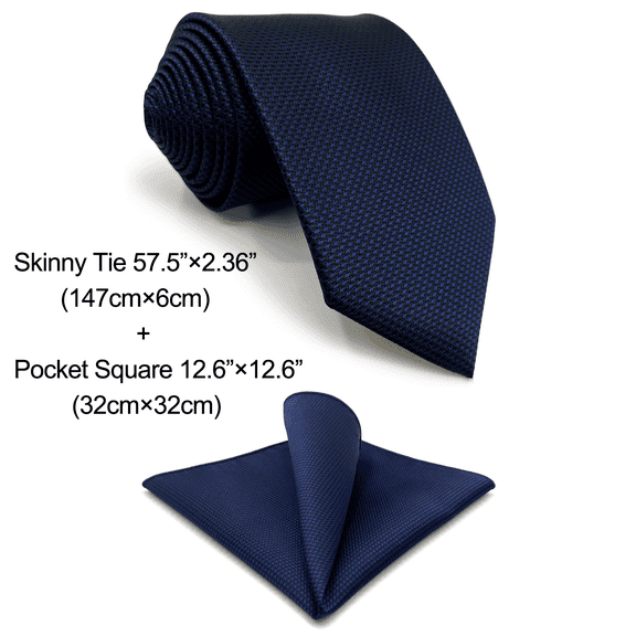 Silk Ties for Men Neckties Pack Navy Dark Blue Solid Skinny Size 2.36" with Pocket Square