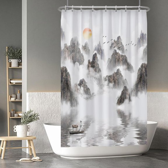 Chinese Ink Painting Shower Curtain Sets Sunrise Sea of Clouds Asian Mountain Landscape Shower Curtains for Bathroom Teahouse Cubicle Fabric Bathroom Decorations with Hooks 36x72 Inches
