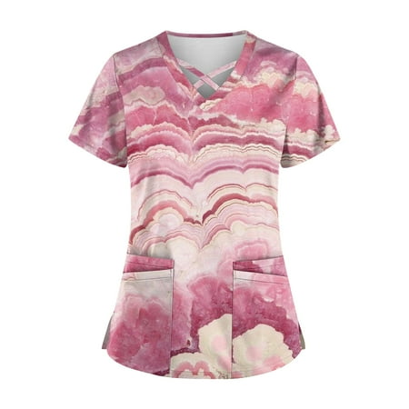 

TKing Fashion Women Plus Size Scrubs Top V-Neck Short Sleeve Printed Pockets Work Blouse for Women Pink XL