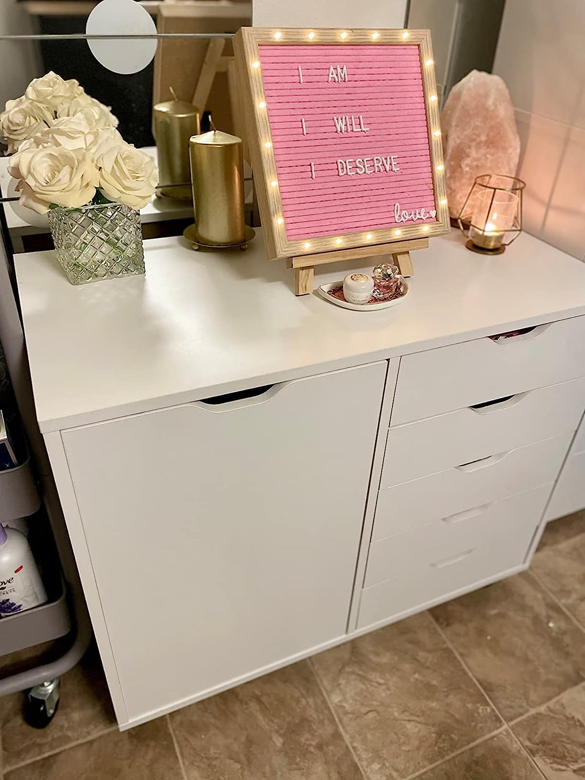 Devaise 5-Drawer Wood Dresser Chest with Door - in use