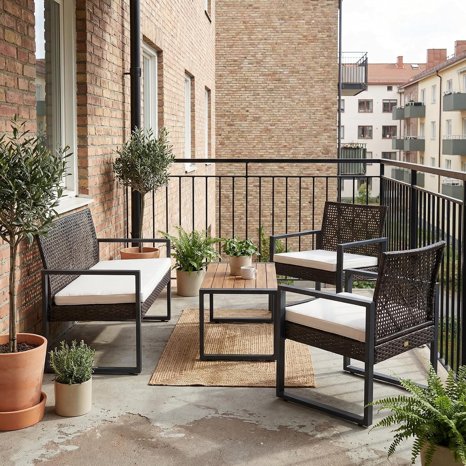 4-Piece Outdoor Patio Furniture Set, Acacia Wood Table Top, Brown Rattan with Beige Cushions