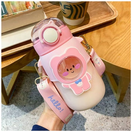 

Kids Water Bottle With Straw Sealed Flip Top Lid Bottle Large Capacity 720ml Cute Cartoon Design Beverage Containers Clear Water Bottle with Removable Shoulder Strap Water Bottle for Kids I
