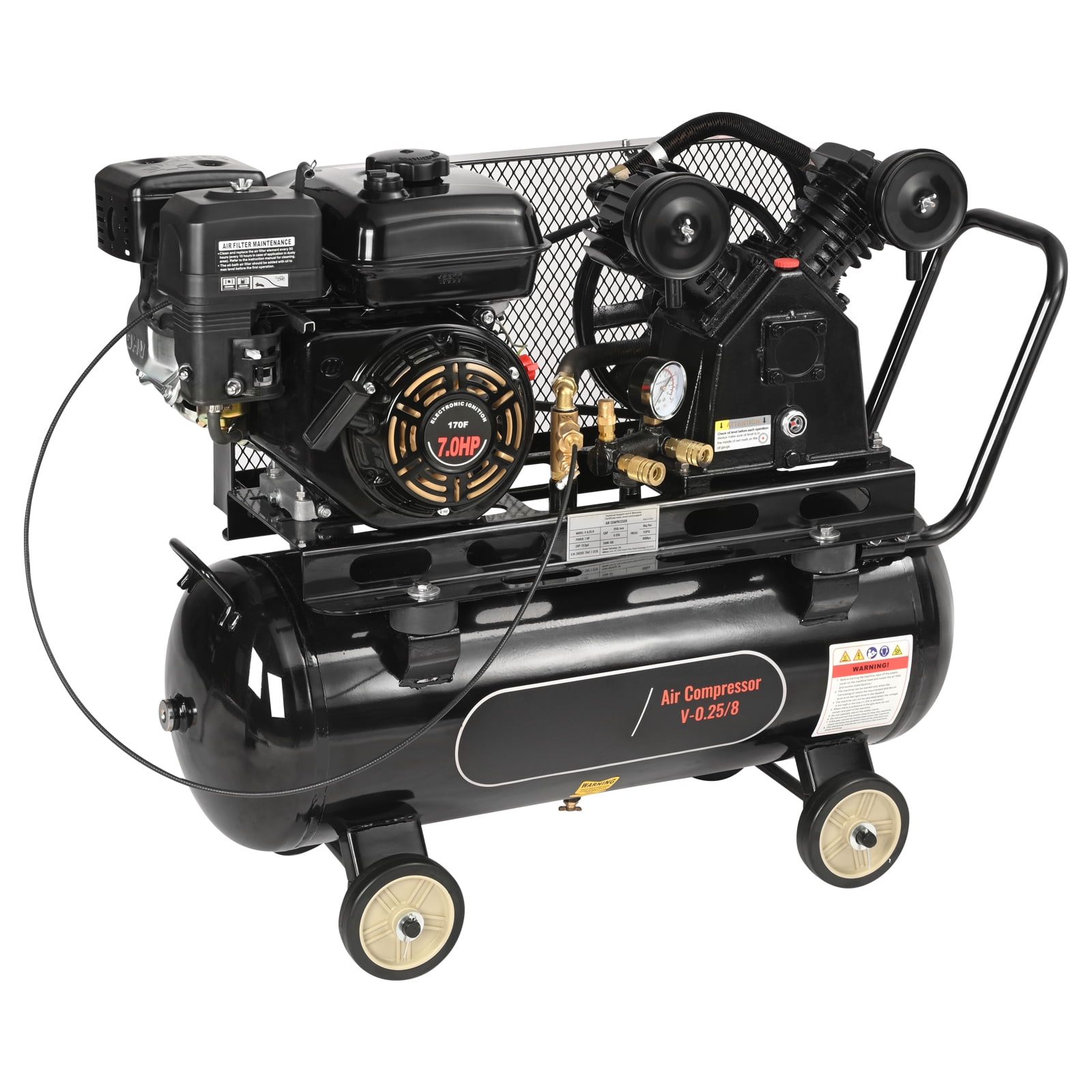 KFFKFF 7HP Gasoline Fueled Air Compressor, Horizontal Tank of 13.2 Gallons, 9CFM@115PSI Gas Propelled Piston Pump Compressed Air System, Maximum Pressure of 115PSI Suitable for Construction Locations