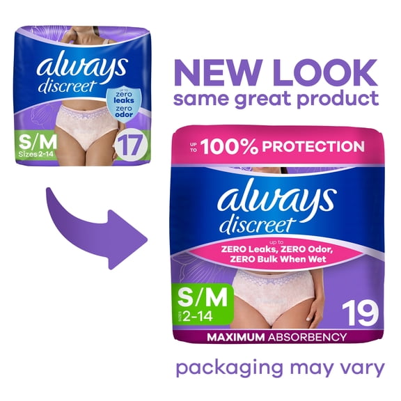 Always Discreet Adult Incontinence Underwear for Women, S/m, 19 CT