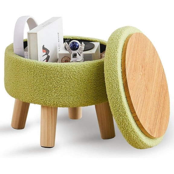 Storage Ottoman, Modern Round Footrest with Soft Padded Seat, Teddy Velvet Footstool with Wood Legs, Accent Small Table or Plant Stand for Hallway, Living Room (Brilliant Green)