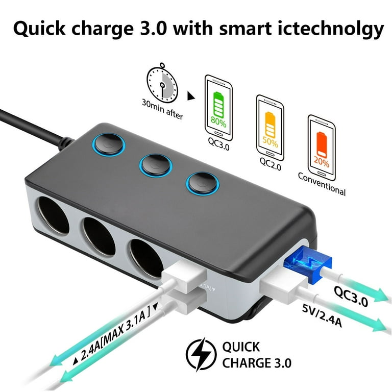 [Upgraded Version] 12V Cigarette Lighter Socket, Quick Charge 3.0 & PD 3.0  USB Charger Power Outlet with Button Switch, Waterproof 12 Volt Adapter for