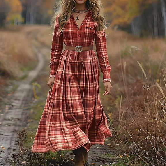 Rustic Plaid Maxi Dress with Belt (S, Red)