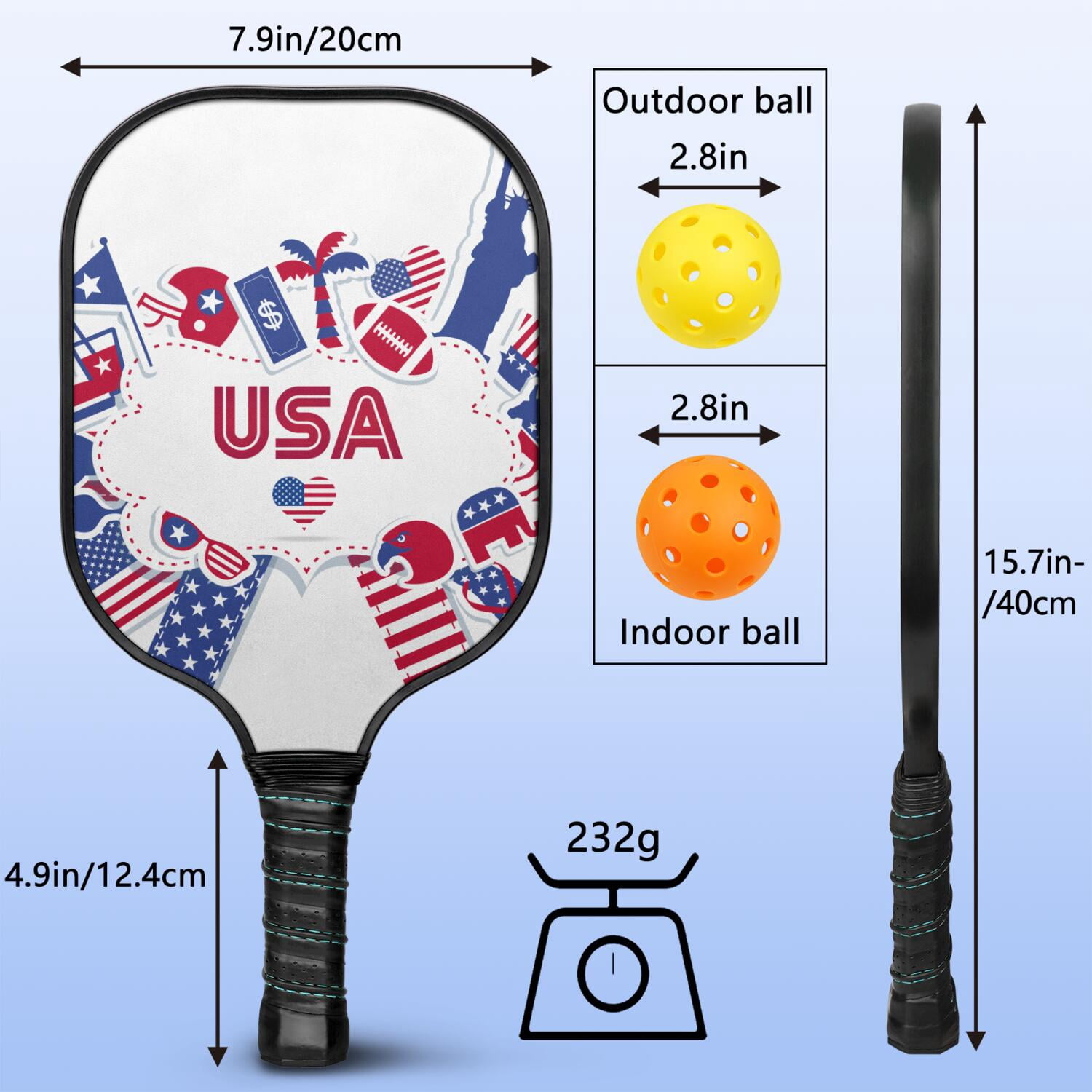 Pickleball Paddles Set Of 2, Fiberglass Surface, USA, Independence Day Print, 4 Balls & Bag