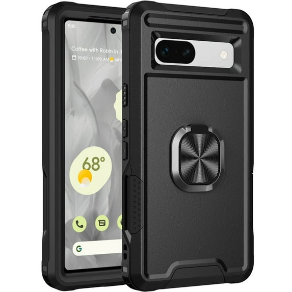 SaniMore for Google Pixel 7A Multi-Functional Case, 3-Layer Protection Magnetic Cover Support Car Mount & 360° Rotatable Metal Ring Kickstand Full Body Shockproof Protective Shell, Black