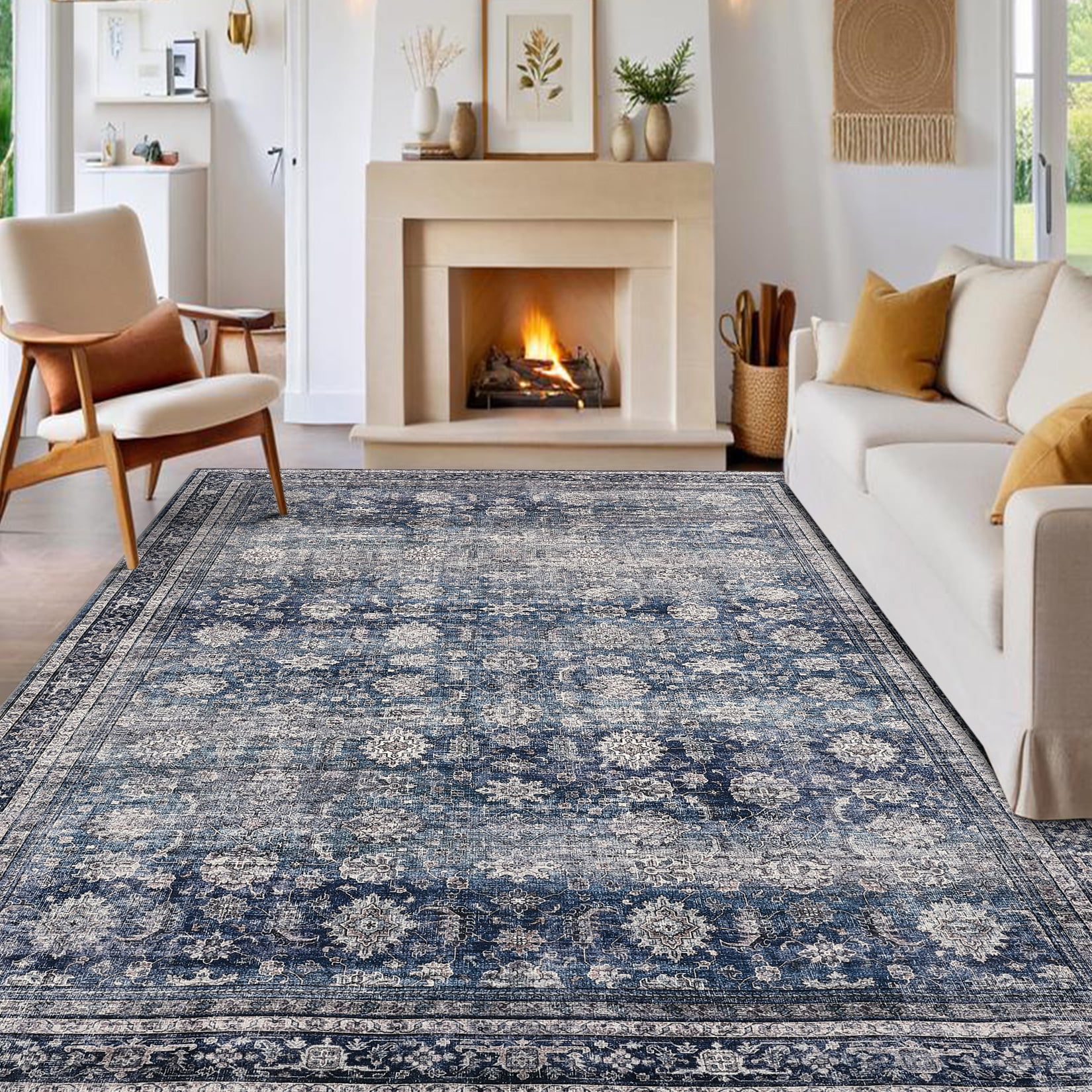 Haperlare 10x13 Vintage Printed Area Rugs Washable Accent Rugs, Non Slip Stain-Resistant Oriental Floor Carpet Farmhouse Low Pile Rugs for Living Room Bedroom Office, Blue