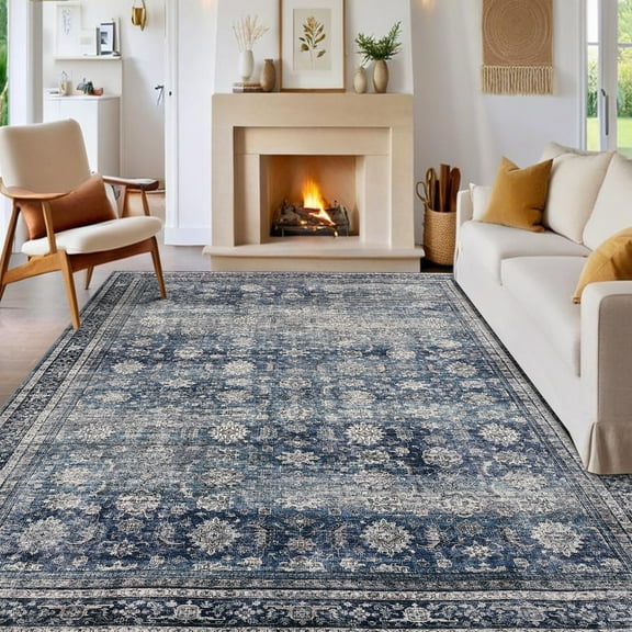 JoanKaren 9'x12' Area Rugs for Living Room Washable Rugs,Floral Print Non-Slip Vintage&Foldable,Low,Pile Stain-Resistant Distressed Oriental Carpet,Blue