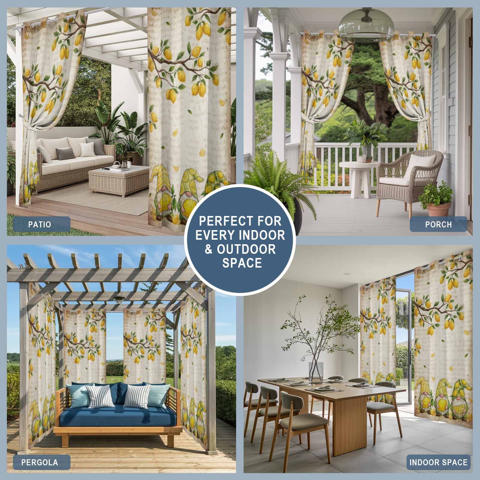 Outdoor Curtains for Patio Waterproof, Lemon Gnomes Windproof Pravicy Outside Porch Blackout Curtain, Summer Vintage Tropical Lemon Fruits Sun Blocking Grommets Curtains for Cabana 2 Panels 54"x108"