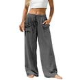 thumbnail image 2 of Siminsem Wide Leg Linen Pants for Women Elastic Waist Cotton Blend Casual Trousers with Pockets Loose Flowy Summer Beach Work Vacation Outfit High Waist 2026, Grey, L, 2 of 8