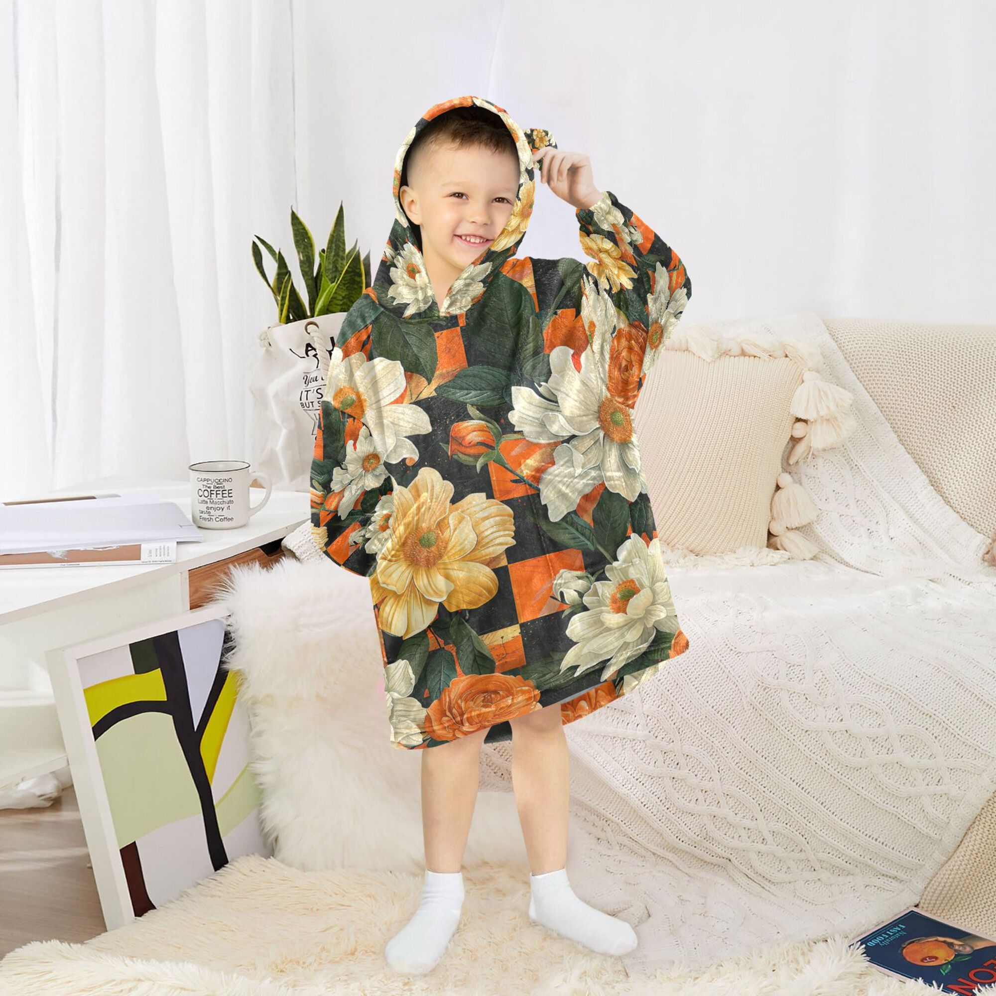 FORMRS Wearable Blanket Hoodie with Sleeves for Kids Cozy Flannel Sweatshirt, Bright Floral