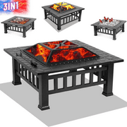32" Fire Pits for Outside, SYNGAR Wood Burning Bonfire Fire Pit Table with Mesh Lid, Ice Tray, Grate, BBQ Grill and Poker, Outdoor Metal Square Fire Pit for BBQ, Camping, Picnics, Backyard