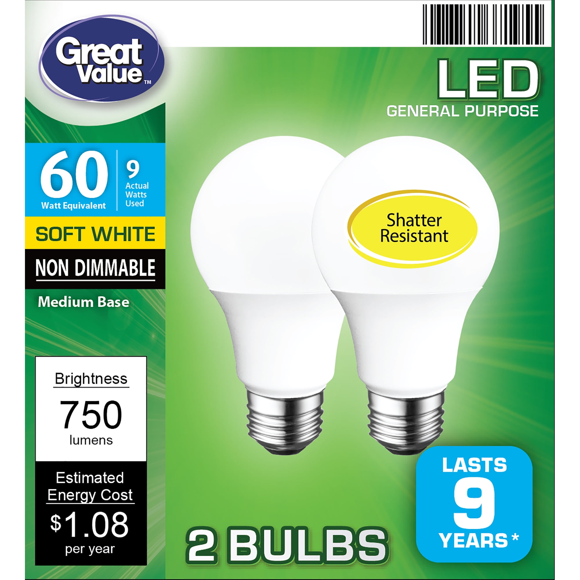 Great Value LED Light Bulb, 9W (60W Equivalent) A19 General Purpose