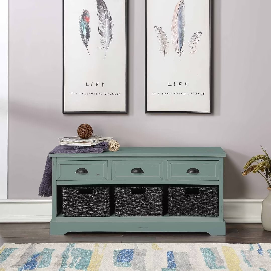 Wood Storage Bench with 3 Drawers and 3 Woven Baskets, Mudroom Bench