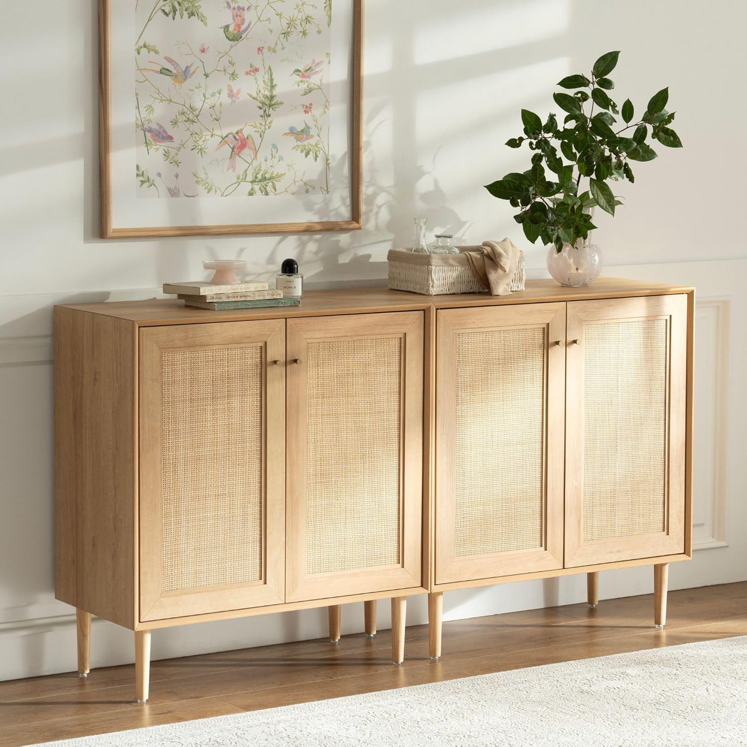 EYYTHUNG Accent Storage Cabinet with Rattan Doors, Small Sideboard Boho Buffet Kitchen Bar Cabinet, Natural Oak