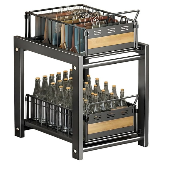 Storvive Under Sink Organizer Storage, 2-Tier Carbon Steel Shelf with 2 Baskets for Kitchen and Bathroom, Black