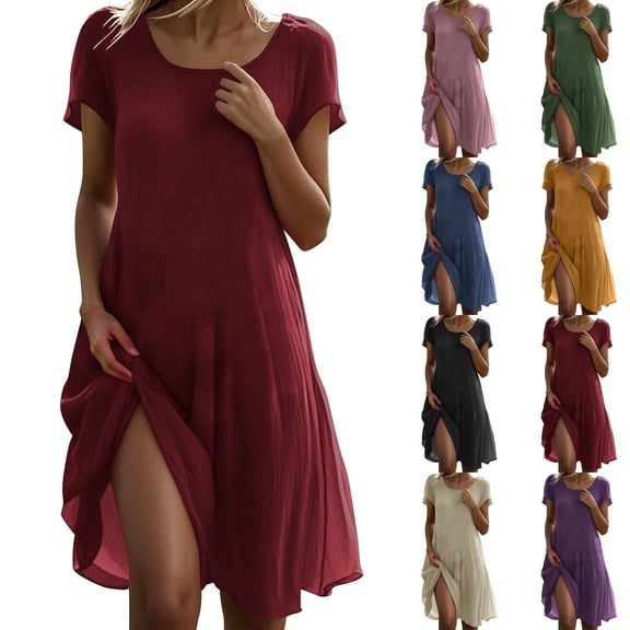 Yellow Summer Dresses for Women Short Sleeve Cre W Neck Linen Midi Dress Solid Color Causal Beach Vacation Dresses