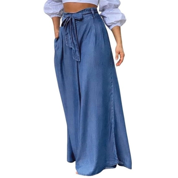 Chouyatou Women's Casual Tie Knot Denim Pant High Waist Wide Leg Dressy Jean Pants Palazzo Culottes with Pockets