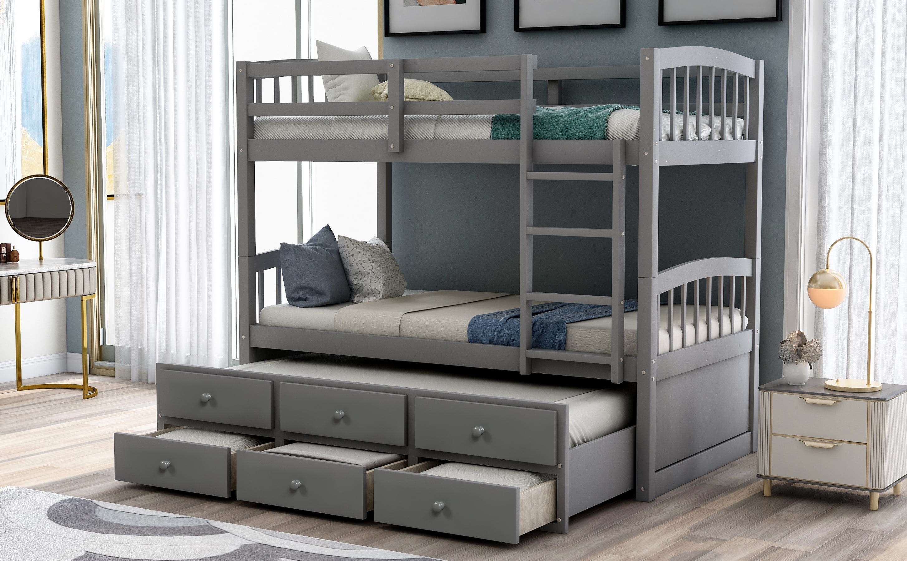 Grey Convertible Twin over Twin Bunk Bed with Twin Size Trundle, Twin RollOut Trundle Frame for