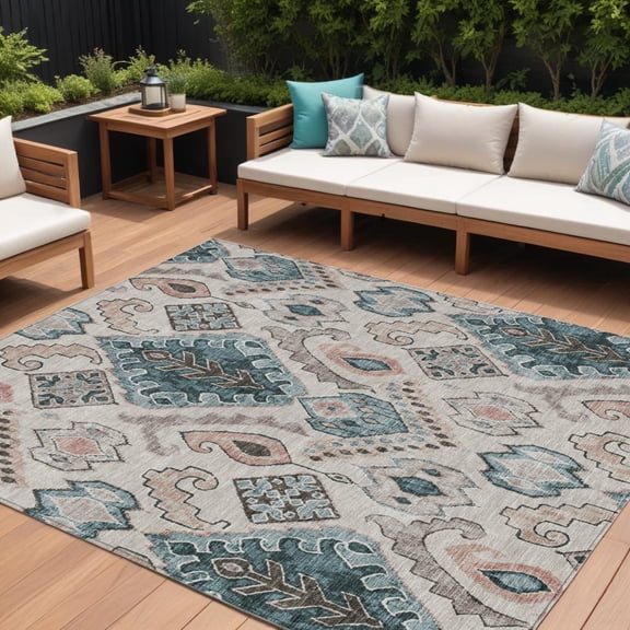 HomeRoots 586429 8 x 10 ft. Moroccan Washable Indoor & Outdoor Rectangle Area Rug, Beige, Teal Blue & Copper