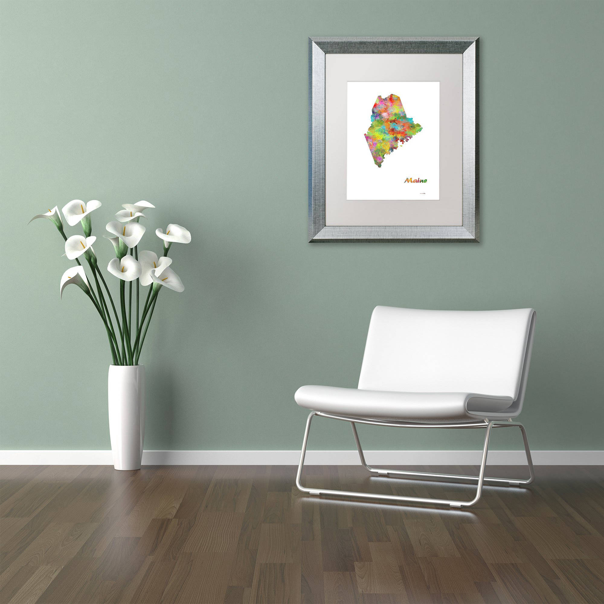 Trademark Fine Art "Maine State Map-1" Canvas Art by Marlene Watson, White Matte, Silver Frame