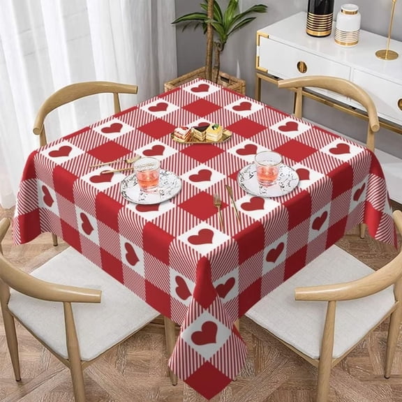 Valentine''s Day Tablecloth 60x60 Inch Square, Red Checkered Love Hearts, Polyester Fabric, Farmhouse Decorative for Valentine Wedding Home Kitchen Dining Party