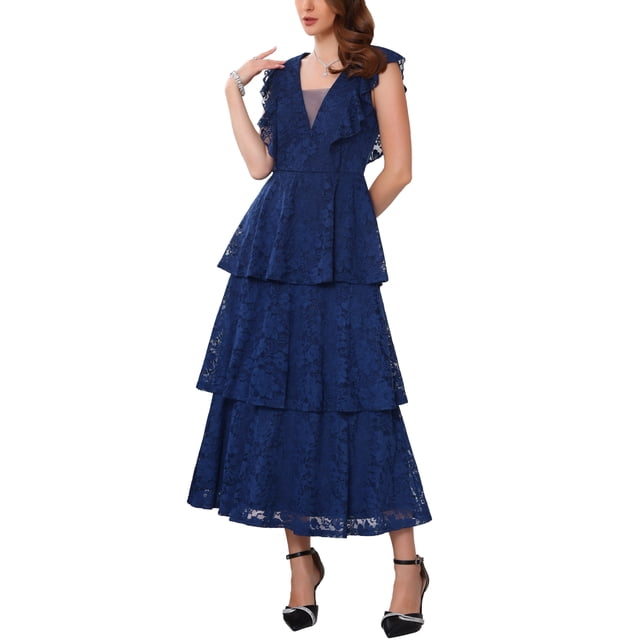 Vestido de encaje para mujer INSPIRE CHIC para invitada de boda, cóctel, noche, con volantes, mangas tipo capucha, vestido maxi en capas A-Line, M azul