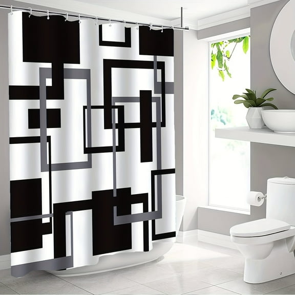 Modern Geometric Striped Shower Curtain Waterproof Polyester Bathroom Decorative Hooks, Black and Grey Art Design