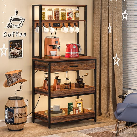 Tribesigns 31.5 Inch Kitchen Bakers Rack with Drawer, 5 Tier Microwave Oven Stand with Power Outlets, Sliding Shelves & Hooks for Kitchen Living Room, Rustic Brown
