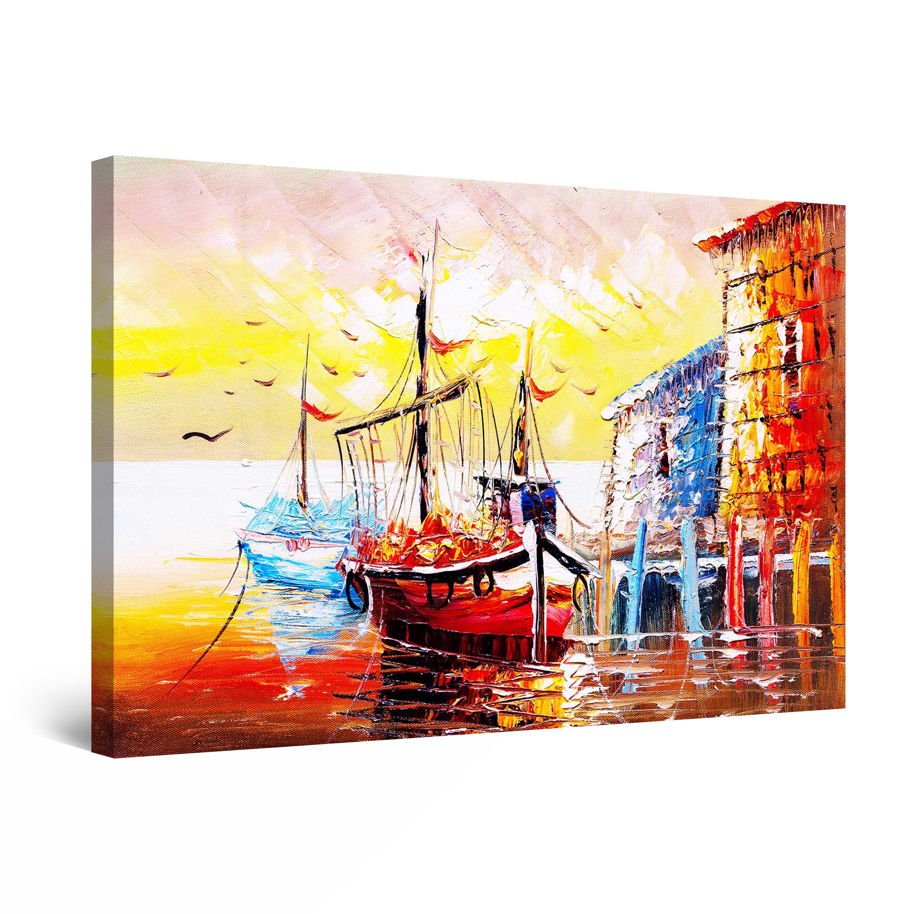 Startonight Canvas Wall Art Abstract Fish Boats in Harbor Painting