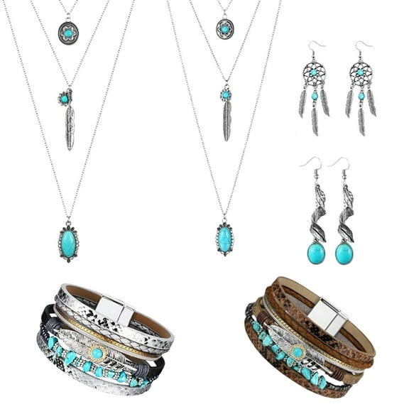 6-Piece Adjustable Turquoise Jewelry Set for Women, Boho Layered Necklace and Bracelet with Earrings, Complete Gift Set for Daily Wear