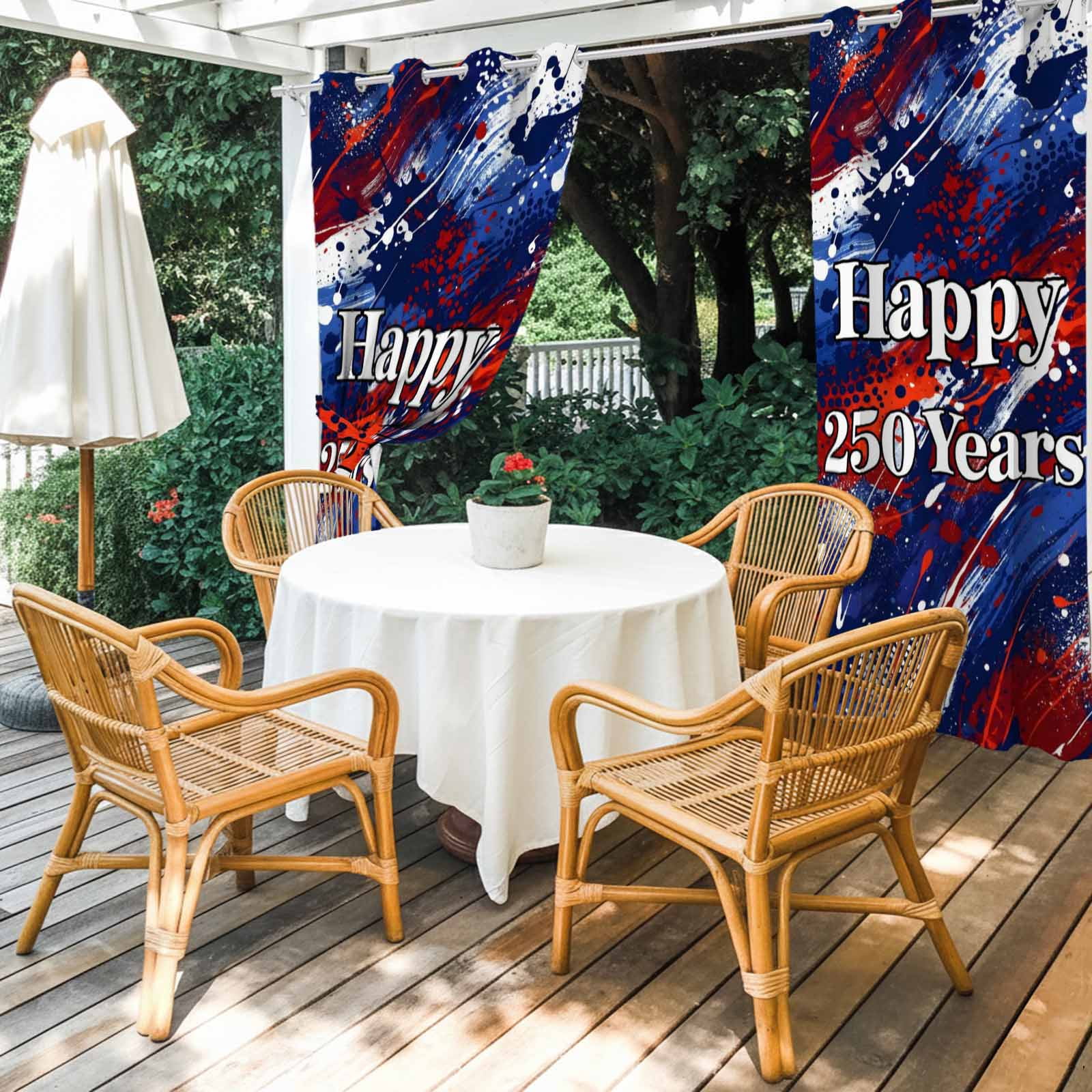 Happy 250 Years Outdoor Curtains for Patio, Independence Day Blue Red White Splash Sunshade Privacy Drapes Grommet Waterproof Outside Curtains for Porch/Cabana/Balcony 54"x 108", 1 Panel