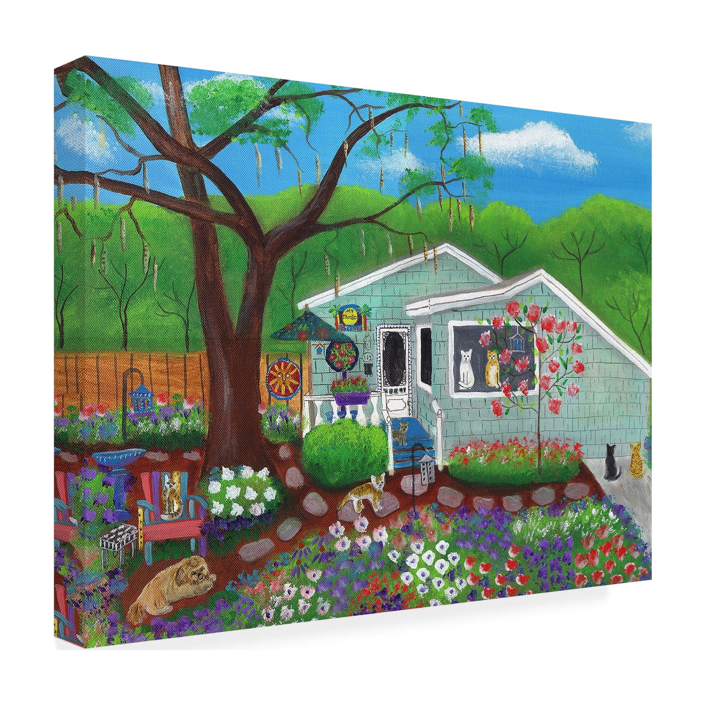 Trademark Fine Art 'Cats and Dog at Garden Folk Art House' Canvas Art by Cheryl Bartley