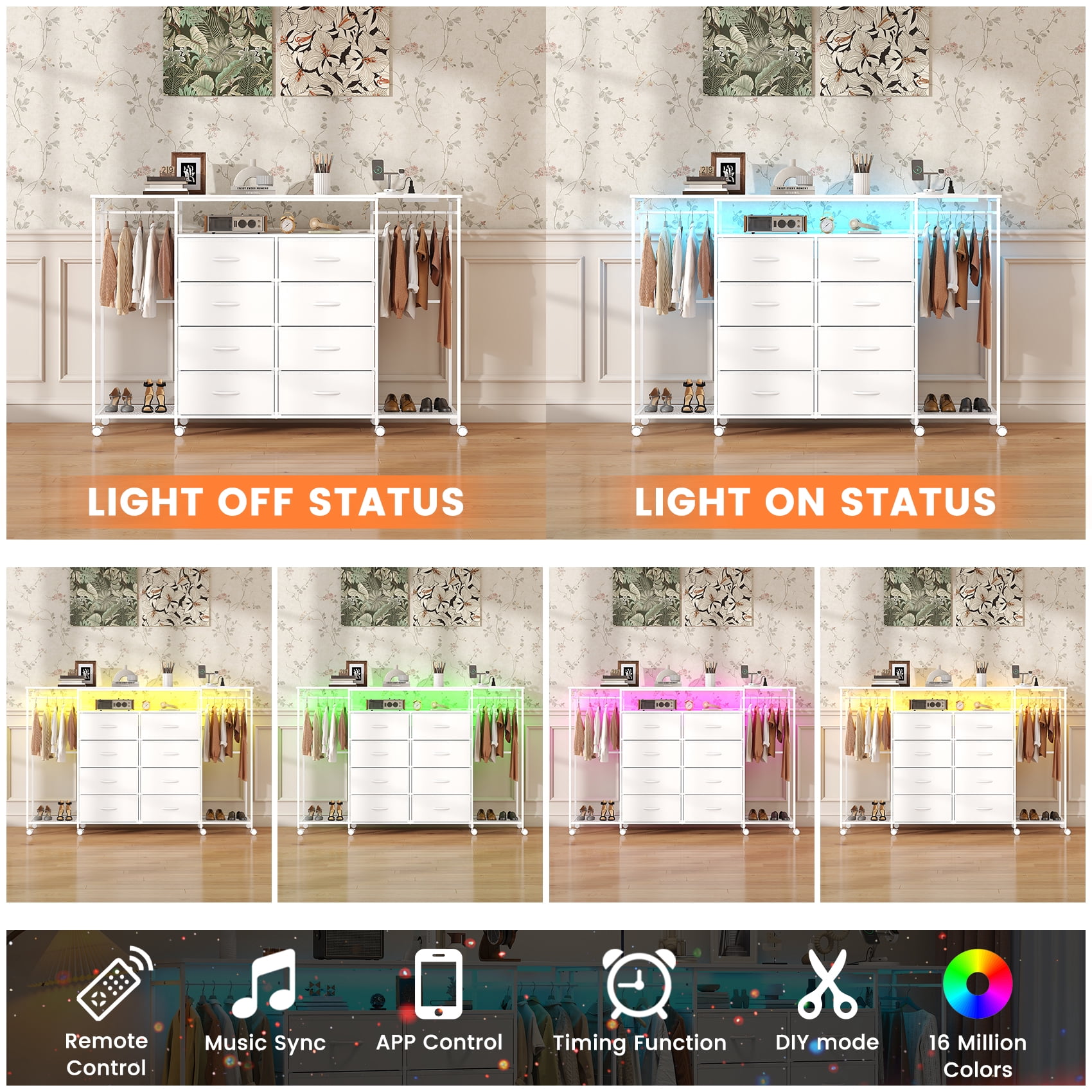 Frmobepts Dresser with Clothes Rack, 8 Drawers Dresser with Charging Station & LED Lights, White Storage Unit with Wheels for Bedroom, Closet