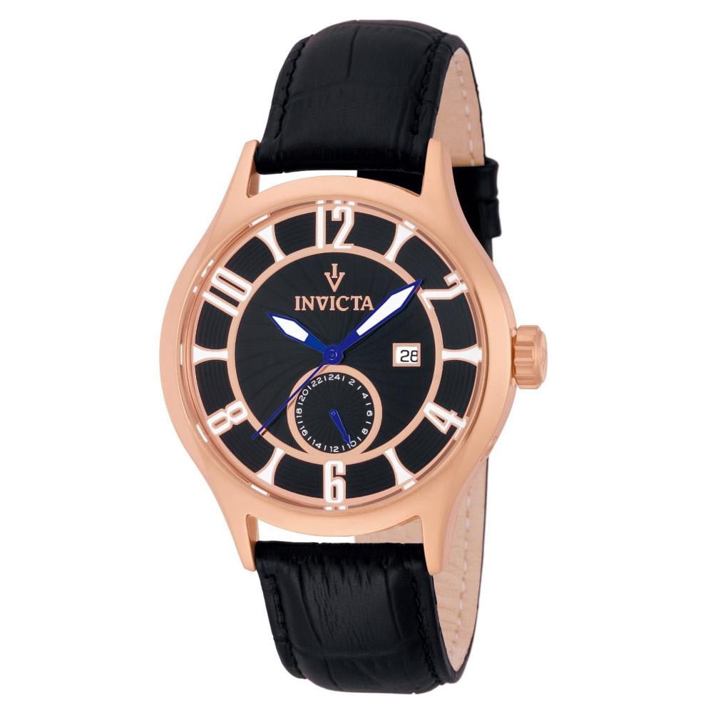 Invicta Men's 12231 Vintage Rose Gold Tone Stainless Steel Leather Strap Black Patterned Dial Dual Time Watch