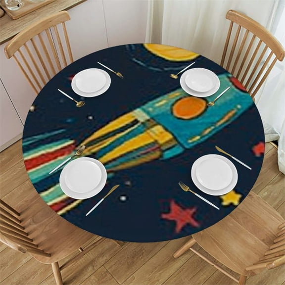 Round Fitted Tablecloth for Kids, Rocket & Starry Sky Elastic Edge Decorative Table Cover, Erasable Washable Fabric